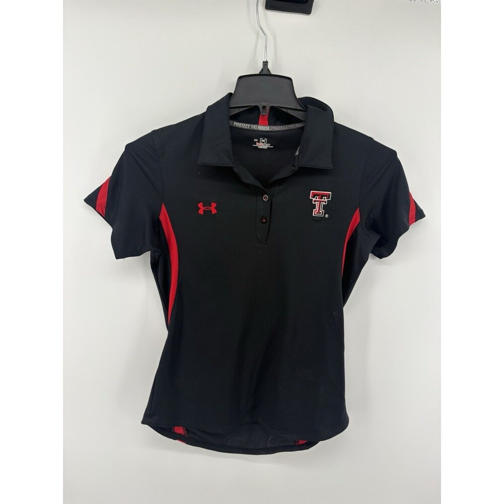 Under Armour Women’s Black TTU Polo Small Red Guns Up Double T Logo Heatgear